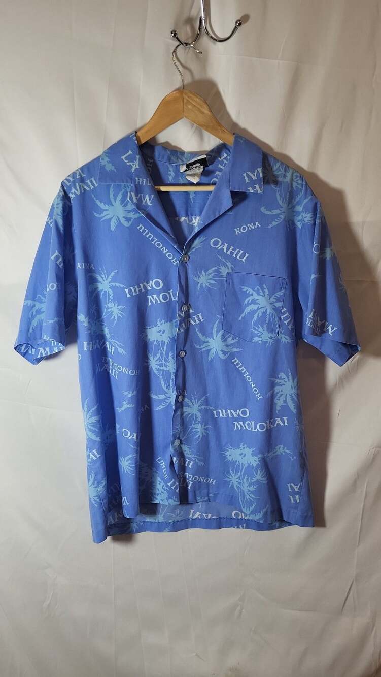 Vintage 80s Hilo Hattie Blue Hawaiian Shirt Palm Trees & Island Names XL